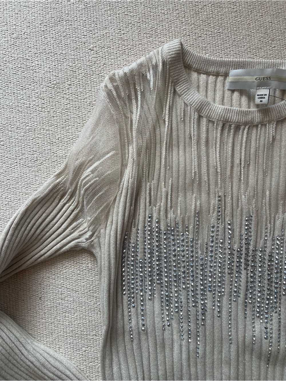 GUESS Claudine Metallic Rib Rhinestone Sweater M NWT - Picture 2 of 9